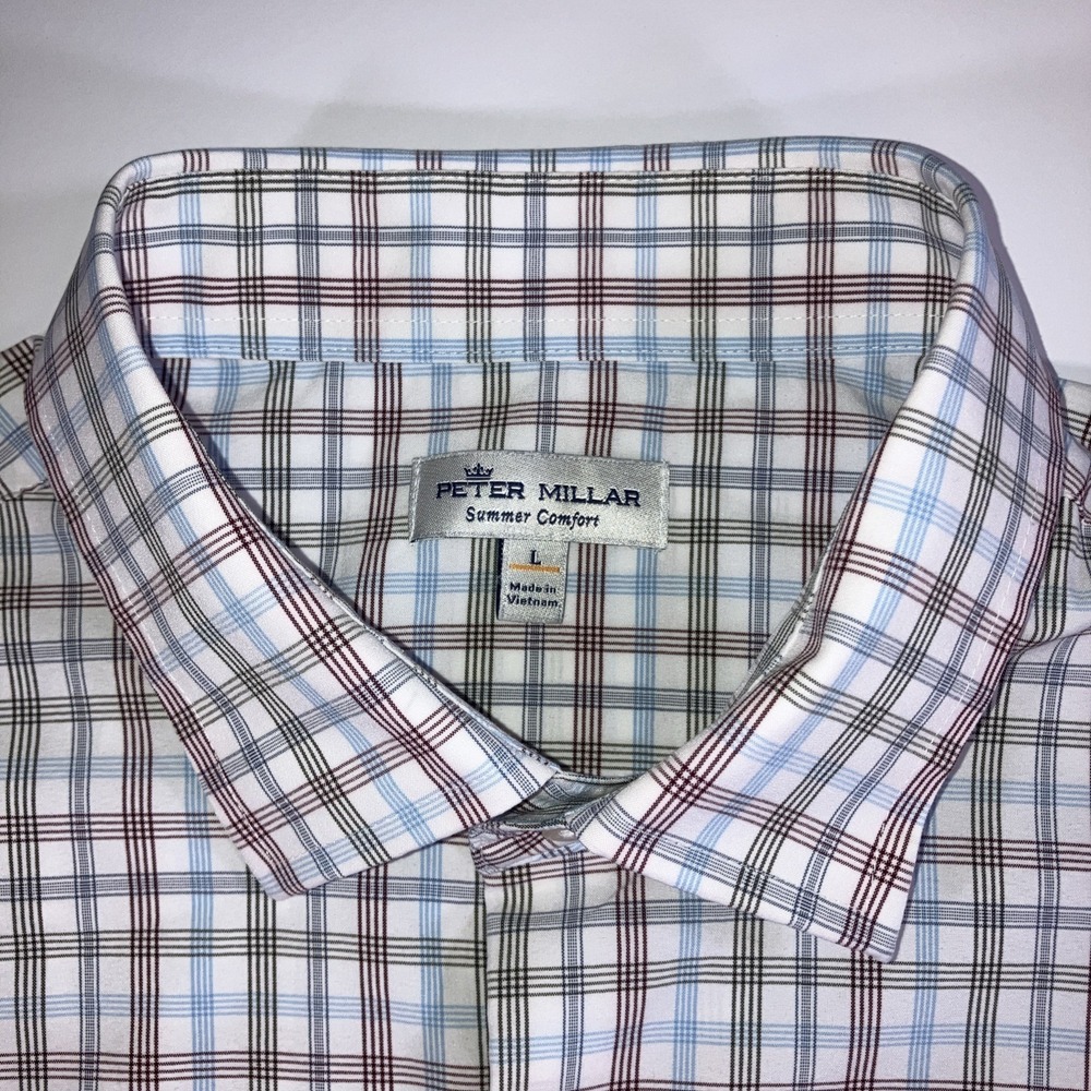 Peter Millar Summer Comfort Shirt L Blue Red Tattersall Check Plaid Button Down - Picture 5 of 16